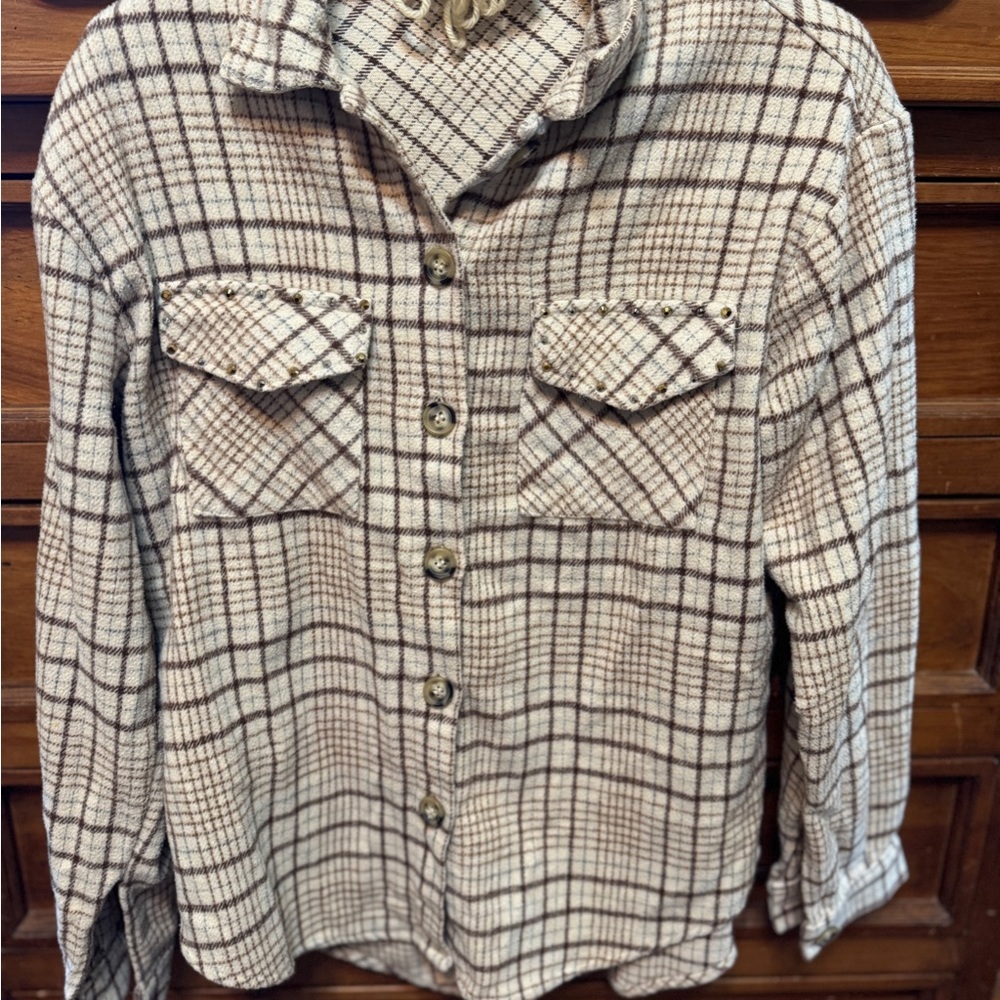 Plaid Button Down Shirt - Cream and Brown